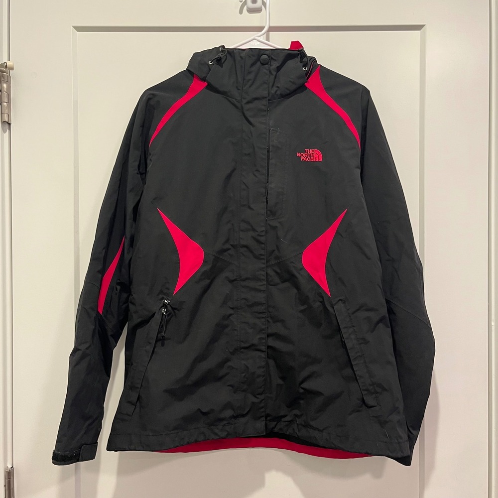 The North Face Womens Large Black Pink Hooded Rain Jacket Full Zip Shell